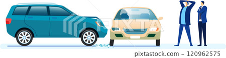 Two worried businessmen watching as a blue suv crashes into the rear of a beige sedan, expressing concern and frustration over the unexpected accident and its consequences 120962575