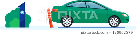 Green car colliding with a bollard while parking incorrectly near a parking sign, illustrating the concept of a car crash, parking fail, and road accident Green car colliding with a bollard while parking incorrectly near a parking sign, illustrating the concept of a car crash, parking fail, and road accident 120962579