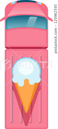 Pink ice cream food truck seen from above, carrying a giant ice cream cone on its open bed, ready to deliver refreshing treats during summer Pink ice cream food truck seen from above, carrying a giant ice cream cone on its open bed, ready to deliver refreshing treats during summer 120962595