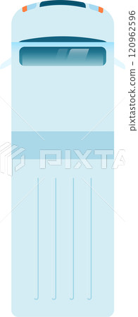 Aerial view of a white coach bus highlighting its roof, windshield, and passenger compartment, ideal for travel and transportation related projects 120962596