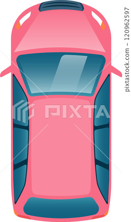 Aerial view of a pink car highlighting its roof, windshield, rear window, and side windows, offering a unique perspective on vehicle design and transportation 120962597