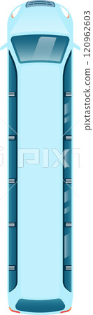 Capturing an aerial view of a light blue passenger bus, highlighting the roof, windows, and overall design from a top down perspective, emphasizing its modern and stylish features 120962603