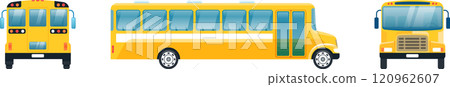 Yellow school bus viewed from different angles, including front, side, and back, showcasing its design and features for transporting students Yellow school bus viewed from different angles, including front, side, and back, showcasing its design and features for transporting students 120962607