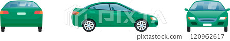 Green four door sedan car presenting front, side and rear view, showcasing its design and features for automotive and transportation concepts Green four door sedan car presenting front, side and rear view, showcasing its design and features for automotive and transportation concepts 120962617