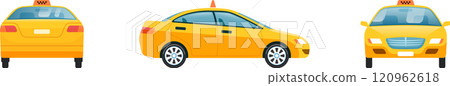 Three views of a generic yellow taxi cab, showing front, side, and rear, isolated on white background, useful for transportation and travel concepts 120962618