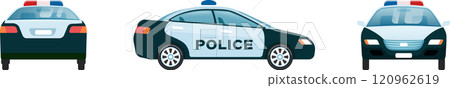 Police car with flashing lights on the roof is patrolling the city streets, ensuring public safety and responding to emergencies, seen from front, side and rear 120962619