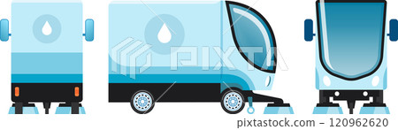 Three illustrations presenting different perspectives of a compact street cleaning vehicle, showcasing its design and functionality for urban hygiene 120962620
