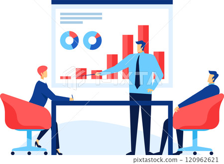 Business team analyzing financial charts and graphs showing company growth during a meeting, speaker pointing at a bar chart explaining data visualization 120962621