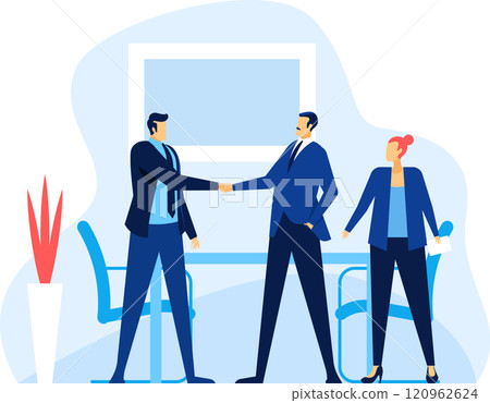 Two businessmen are shaking hands after reaching an agreement during a business meeting, while a businesswoman observes, holding documents, in a modern office setting 120962624