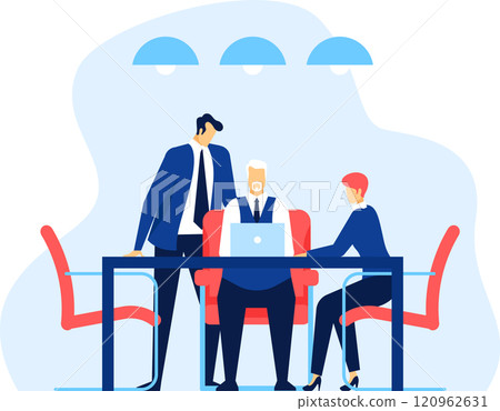 Business team collaborating on a project, using a laptop in a modern office meeting room, discussing strategies and analyzing data for effective teamwork and successful outcomes 120962631