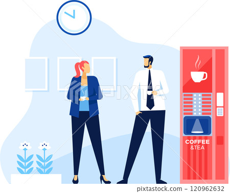 Office workers enjoying a coffee break, standing next to a vending machine, engaging in conversation and creating a positive workplace atmosphere 120962632