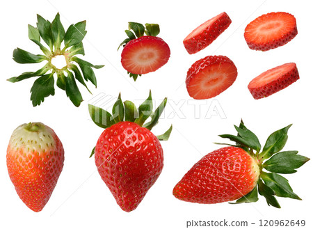 Whole ripe red strawberries and pieces on isolated background Whole ripe red strawberries and pieces on isolated background 120962649