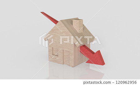 The Wood house and red arrow down for property or building concept 3d rendering. The Wood house and red arrow down for property or building concept 3d rendering. 120962956