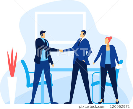 Two businessmen shaking hands after closing a business deal in a modern office, with a businesswoman holding a document standing next to them 120962971