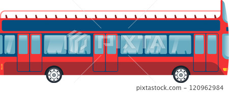 Large, red, double decker bus, designed for sightseeing tours, featuring an open top deck, large windows, and multiple doors for easy access, perfect for urban exploration and travel experiences 120962984