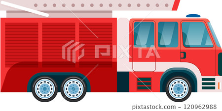 Red firetruck with an extended ladder parked and ready for action, embodying safety and preparedness for fire emergencies while serving the community in urgent situations Red firetruck with an extended ladder parked and ready for action, embodying safety and preparedness for fire emergencies while serving the community in urgent situations 120962988