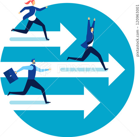 Businessmen and businesswomen running on white arrows over a blue circle following different directions representing different career paths, choices and opportunities in business and work 120963001