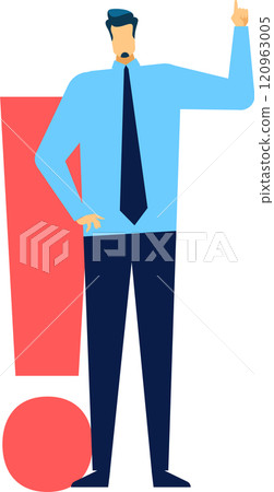 Businessman standing beside a large exclamation mark, pointing upward to emphasize critical information, conveying a sense of urgency, caution, and important solutions 120963005