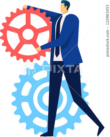 Businessman in a blue suit is holding a red gear wheel, setting up a business mechanism, symbolizing management, planning and business strategy Businessman in a blue suit is holding a red gear wheel, setting up a business mechanism, symbolizing management, planning and business strategy 120963055