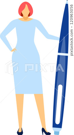 Businesswoman with pink hair and light blue dress standing next to a giant pen, symbolizing creative writing, content creation, and copywriting 120963056