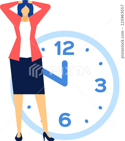 Stressed businesswoman holding her head in front of a large clock, illustrating deadline pressure, time management challenges, and anxiety over project milestones Stressed businesswoman holding her head in front of a large clock, illustrating deadline pressure, time management challenges, and anxiety over project milestones 120963057