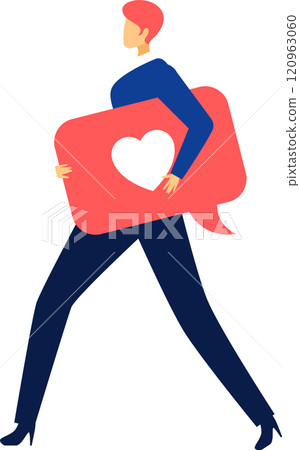 Businesswoman walking and holding a big social media like notification with a heart shape, expressing online appreciation, positive feedback and engagement Businesswoman walking and holding a big social media like notification with a heart shape, expressing online appreciation, positive feedback and engagement 120963060