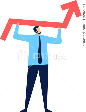 Businessman holding a large red arrow pointing upwards, representing positive growth, success, and achievement in the realms of business and finance. Symbolizing progress and ambition 120963061
