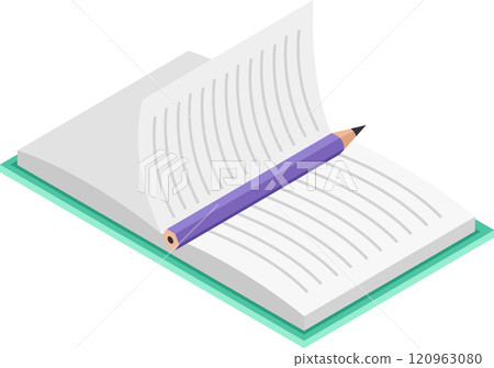 Open book resting on flat surface with purple pencil acting as bookmark, presented in isometric view, emphasizing learning, studying, and knowledge concepts Open book resting on flat surface with purple pencil acting as bookmark, presented in isometric view, emphasizing learning, studying, and knowledge concepts 120963080