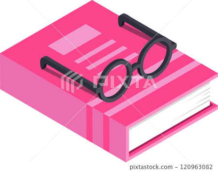 Pair of round reading glasses sits atop a closed pink book, inviting viewers to imagine diving into its pages, in an isometric perspective 120963082