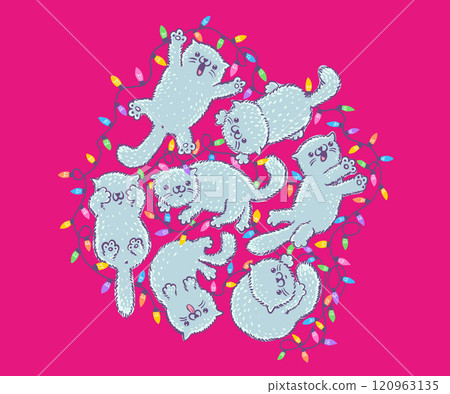 Vector illustration of cute kawaii cats with garland. Vector cats for Christmas design. 120963135