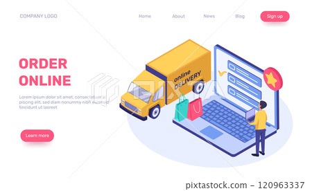 Isometric e commerce scene featuring a customer managing online delivery on a laptop with a checklist as a delivery truck approaches, highlighting efficient order fulfillment 120963337