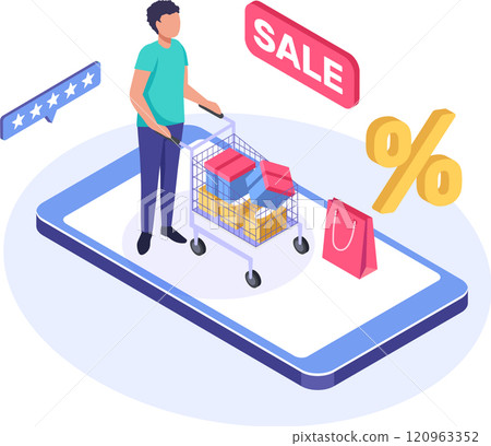 Customer is pushing a shopping cart full of purchases on a large smartphone screen. Taking advantage of sales and discounts during the sale season. With a percentage symbol and shopping bag nearby 120963352