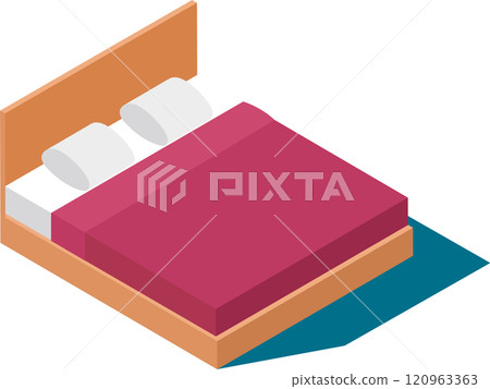 Comfortable double bed featuring pink sheets, two pillows, and a wooden frame, presented in isometric view, perfect for relaxation and interior design projects Comfortable double bed featuring pink sheets, two pillows, and a wooden frame, presented in isometric view, perfect for relaxation and interior design projects 120963363
