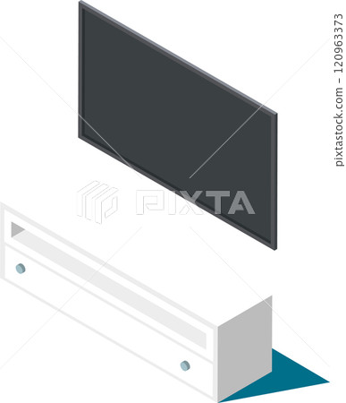 Flat screen television displaying a blank screen, mounted on the wall above a sleek white entertainment center with drawers, presented in isometric projection 120963373