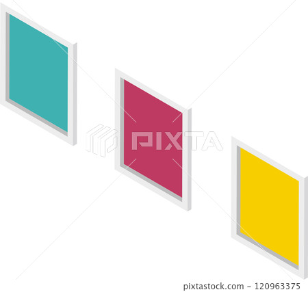 Three colorful square frames hanging on a white wall, forming a vibrant and modern art display in isometric perspective, enhance the interior with a contemporary touch Three colorful square frames hanging on a white wall, forming a vibrant and modern art display in isometric perspective, enhance the interior with a contemporary touch 120963375