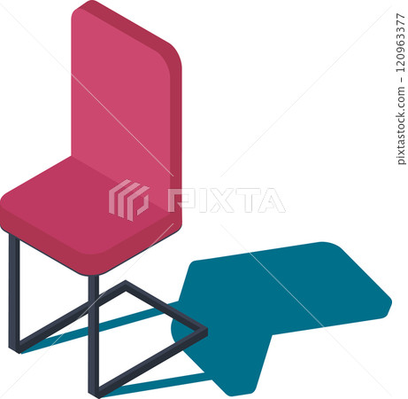 Isometric view featuring a modern pink chair casting a vibrant teal shadow, creating a stylish and minimalist composition against a bright white backdrop 120963377