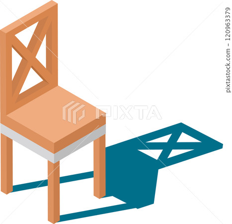 Simple wooden chair with cross backed design casting a distinct shadow, presented in an isometric view, ideal for interior design or furniture related projects 120963379