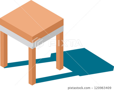 Simple wooden stool with four legs and light tabletop casting a teal shadow on a plain white background, perfect for interior design or furniture concepts 120963409