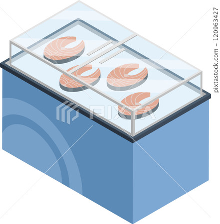 Refrigerated display case showing salmon steaks, ideal for illustrating concepts related to supermarkets, grocery stores, fish shops, fresh food, seafood, or healthy eating 120963427