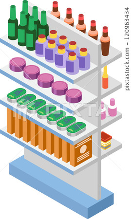 Colorful isometric illustration featuring a supermarket shelf filled with a variety of products, including beverages, canned goods, cosmetics, and packaged foods Colorful isometric illustration featuring a supermarket shelf filled with a variety of products, including beverages, canned goods, cosmetics, and packaged foods 120963434