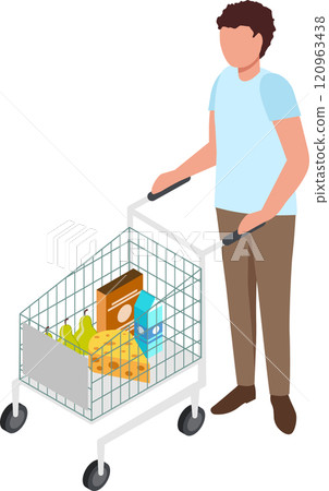 Young man pushing a shopping cart filled with groceries, including cheese, pears, milk, and cereal, capturing the experience of grocery shopping in a busy supermarket 120963438