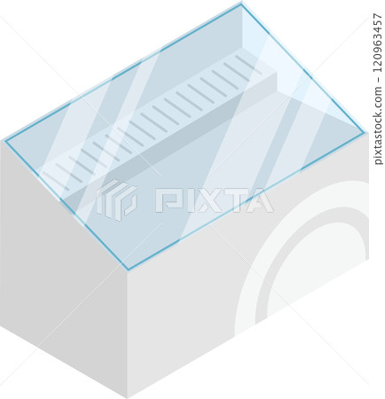 Refrigerated display case with a glass top presenting a metal grid for enhanced cooling, ideal for showcasing food products in a grocery store or supermarket Refrigerated display case with a glass top presenting a metal grid for enhanced cooling, ideal for showcasing food products in a grocery store or supermarket 120963457