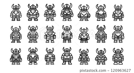 Viking icon line set. Berserket character game collection. Cartoon barbarian warrior or dwarf mascot with helmet and horn vector illustration Viking icon line set. Berserket character game collection. Cartoon barbarian warrior or dwarf mascot with helmet and horn vector illustration 120963627