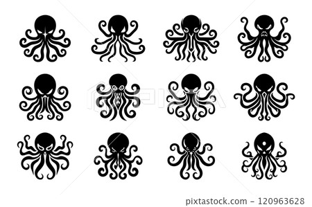 Hydra icon line set. Fantasy mythology animal collection. Cartoon silhouette magic monster label and mysterious legend snake vector illustration 120963628