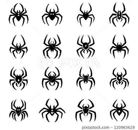 Spider icon line set. Cartoon scary tarantula collection and top view insect. Black element horror decoration and silhouette spidery vector illustration 120963629