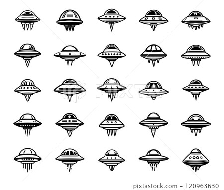 Ufo icon line set. Astronomy ship for cosmos and technology silhouette collection. Spacecraft sign and simple cosmic object unidentified vector illustration. 120963630