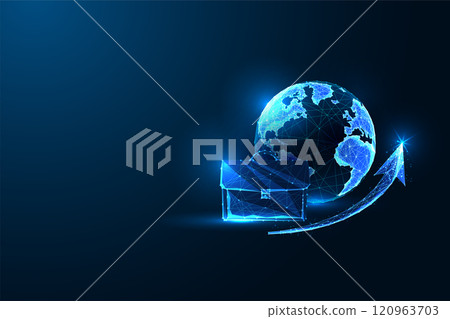 Global business growth concept with glowing globe, briefcase, upward arrow on dark blue background. Global business growth concept with glowing globe, briefcase, upward arrow on dark blue background. 120963703