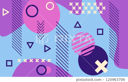 Modern abstract background featuring various geometric shapes like circles, triangles, and squares, combined with dynamic lines and crosses, creating a vibrant and playful composition 120963706
