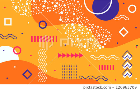 Vibrant orange and purple geometric abstract background showcasing a variety of shapes, lines, dots, and patterns, creating a dynamic and eye catching visual experience Vibrant orange and purple geometric abstract background showcasing a variety of shapes, lines, dots, and patterns, creating a dynamic and eye catching visual experience 120963709