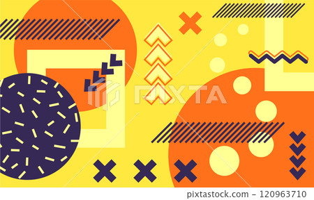 Modern, vibrant geometric abstract background featuring dynamic circles, squares, and crosses in orange, yellow, and purple, creating a visually appealing composition Modern, vibrant geometric abstract background featuring dynamic circles, squares, and crosses in orange, yellow, and purple, creating a visually appealing composition 120963710